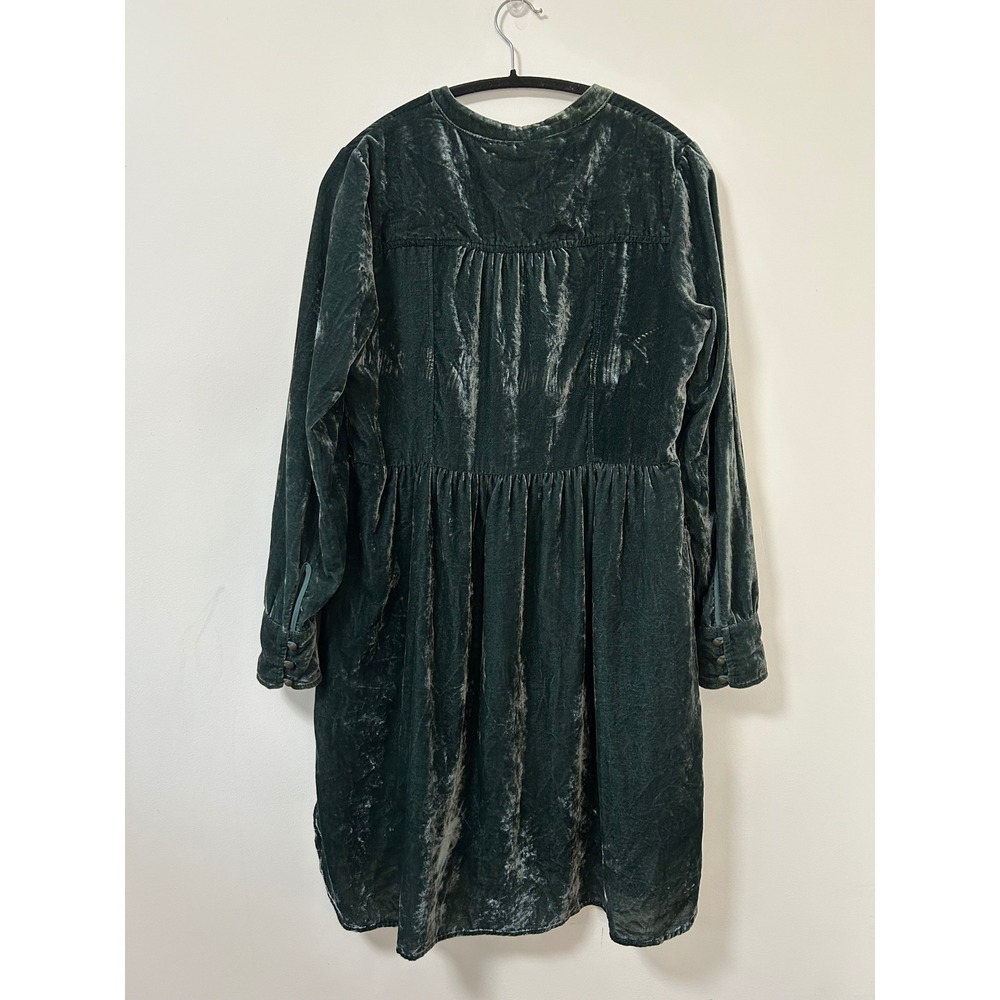 Holding Horses Nantes Velvet V Neck Button Front Babydoll Dress Teal Green M - Picture 7 of 11